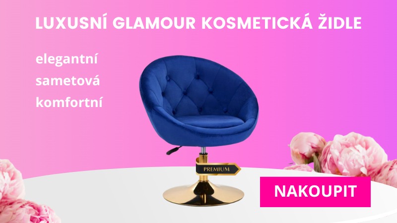 Luxusní glamour kosmetická židle s modrým sametovým čalouněním a zlatým podstavcem, elegantní a komfortní volba pro profesionální kosmetické salony.